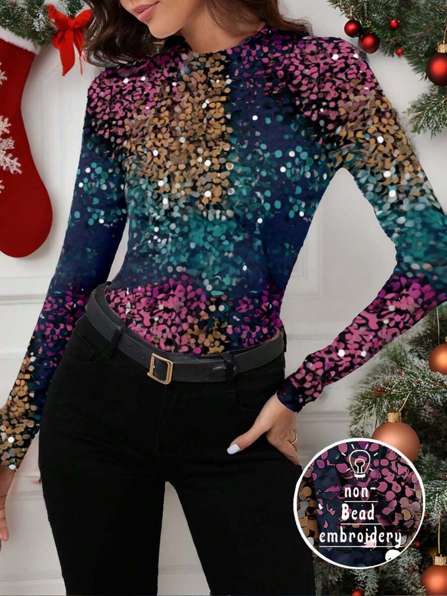 Glamance Warp Atelie Women Multicolor T-Shirts Long Sleeve Round Neck Casual Christmas,Plain,All Over Print,Colorblock Summer Outfits For Women Graphic Tee For Women Going Out