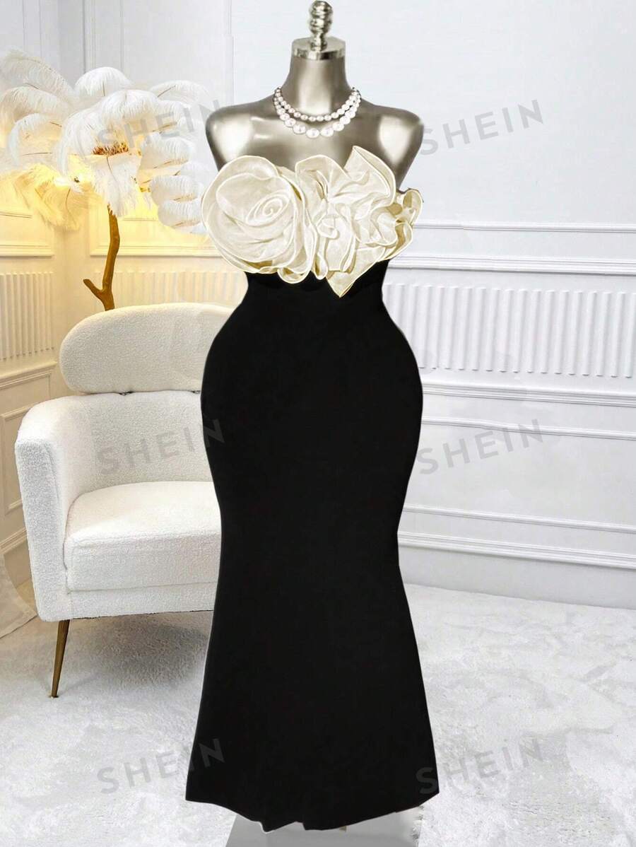 Celure Elegante vestido de fiesta/vacaciones/cita para mujer talla grande con bandeau de flores 3D y abertura alta en la cola de sirena