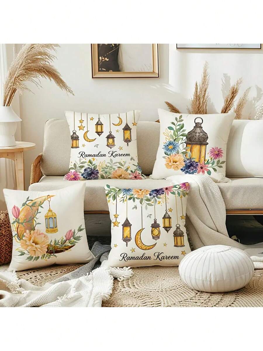 4 Packs Glam Style Ramadan Throw Pillow Covers,Hand Wash Only, Woven Polyester, Floral & Moon Design, Zippered Cushion Cases For Home Decor, Eid Mubarak Gifts, No Inserts