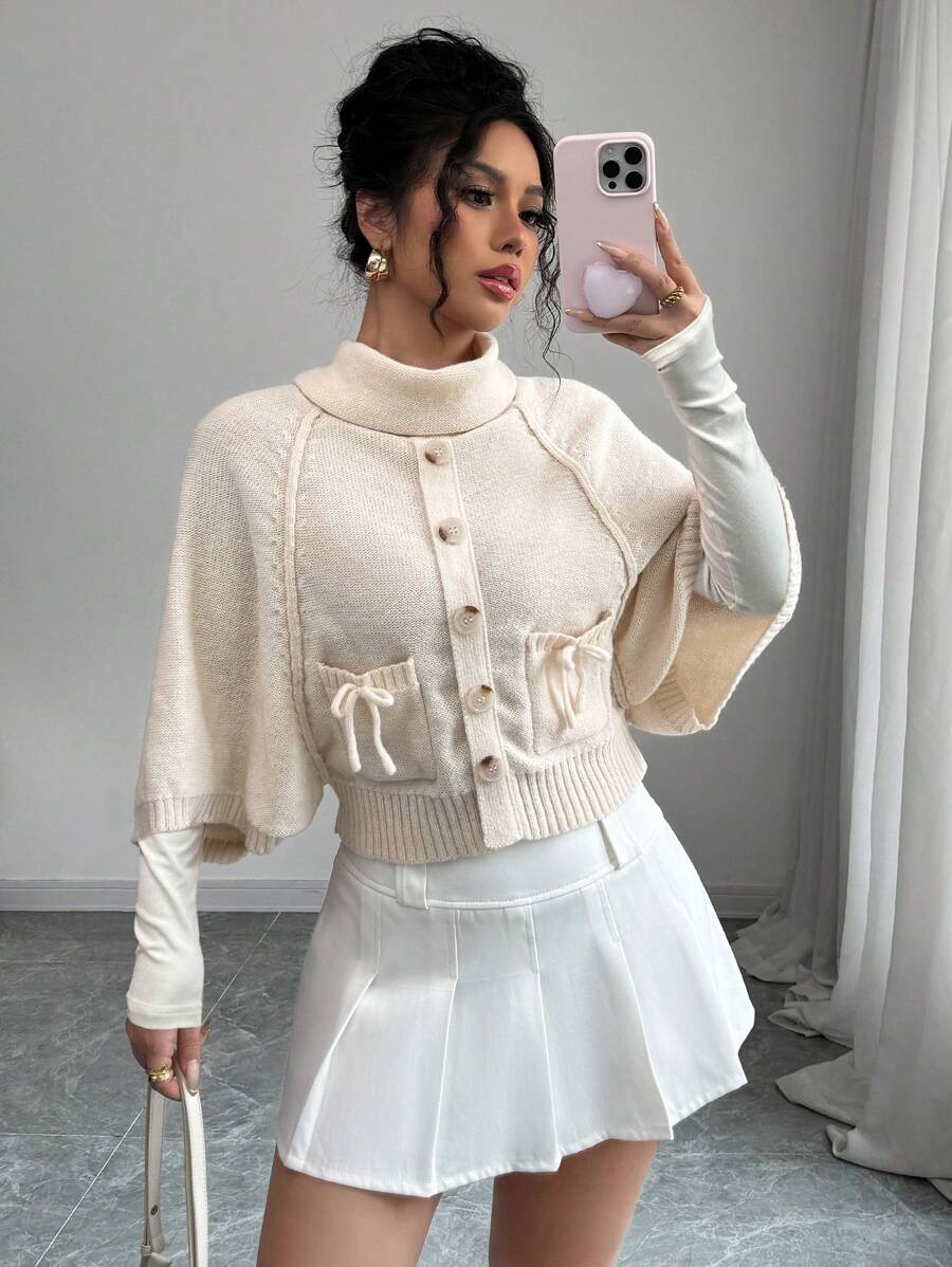 Chiquease 2024 Autumn/Winter New Fashion High Collar Poncho With Bow Pocket Knit Sweater Knit Pullover Fall Outfit
