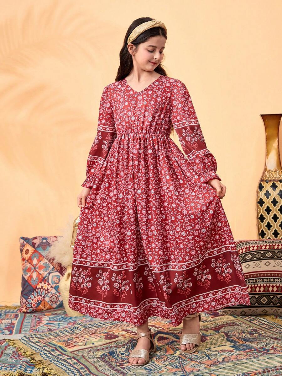 Vestido de niña preadolescente con estampado retro de flores, adecuado para viajes y ocasiones de vacaciones