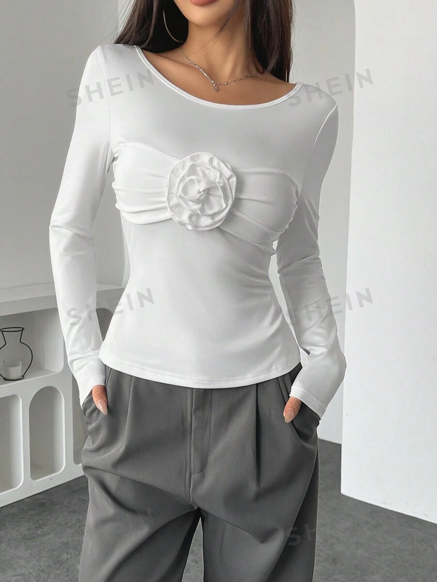 Camiseta sólida de mujer de estilo minimalista casual, adecuada para el uso diario