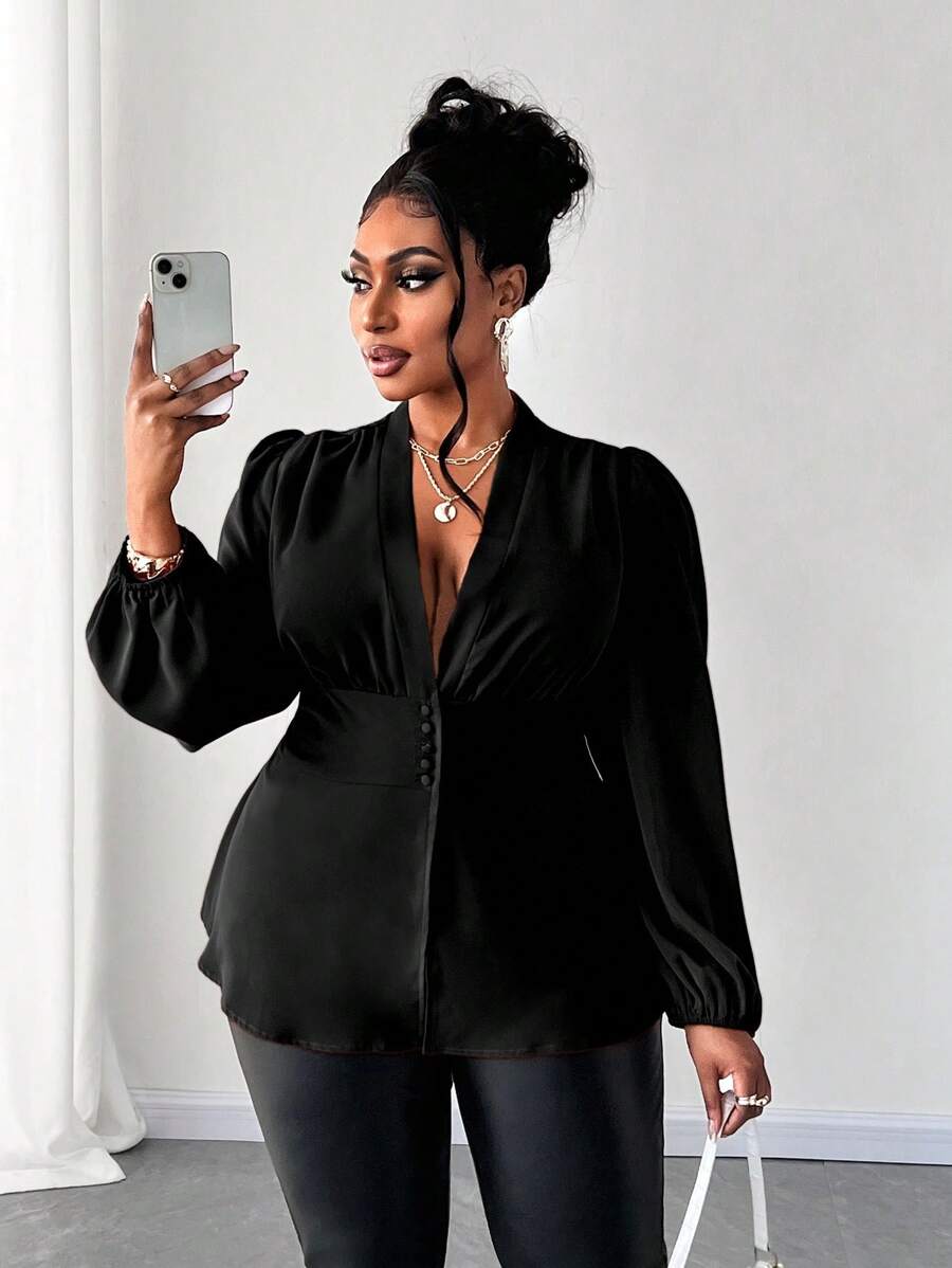 Maweii Plus Size Women's Casual Solid Color Lantern Sleeve Blouse For Autumn Women Shirt