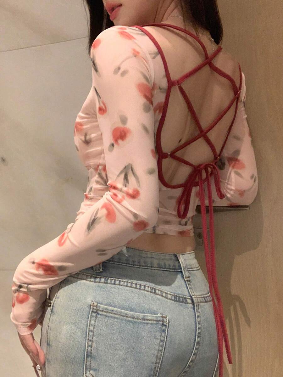 DAZY Encore Red Full Print Floral Pattern Backless Drawstring Tie Contrast Color Splicing Mesh Long Sleeve Blouse For Women,Halter Top