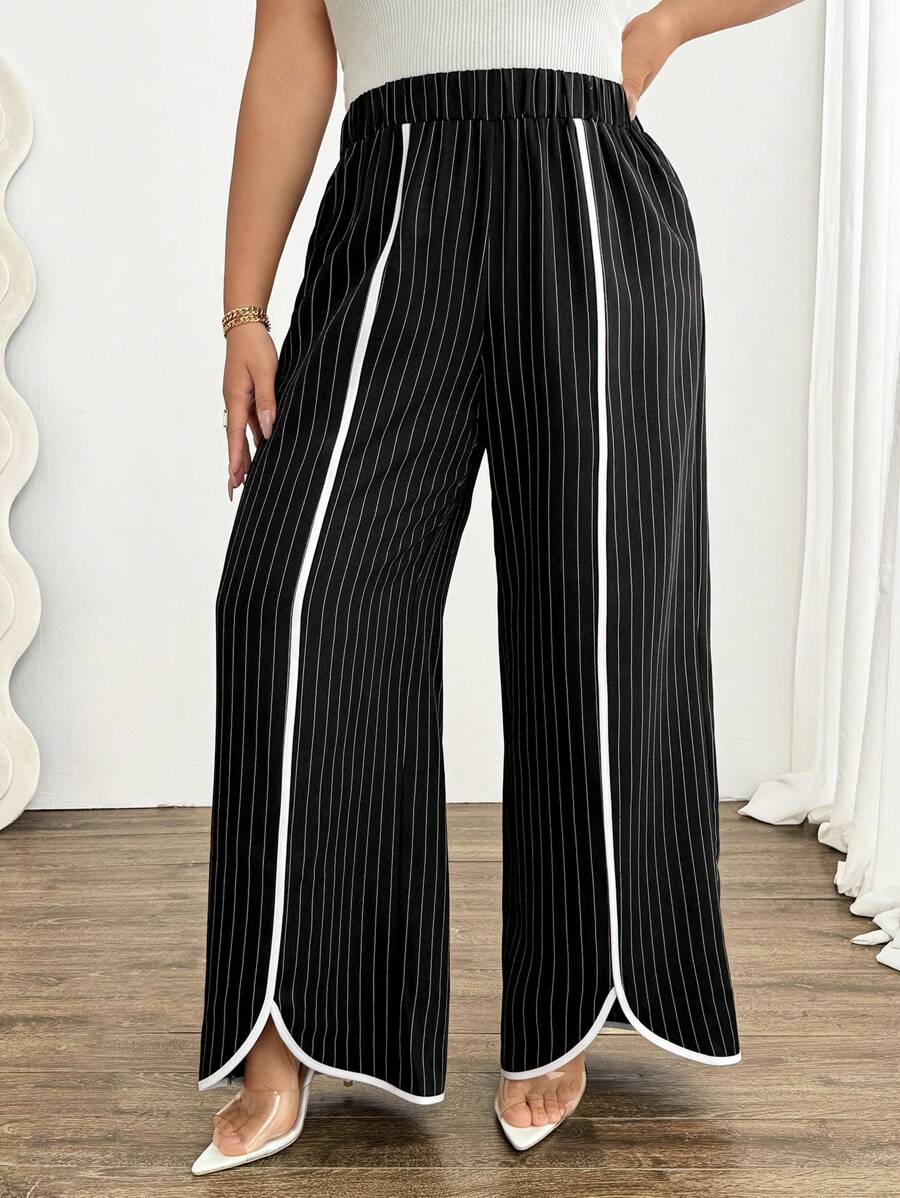 Celure Contrast Color Striped Loose Flare Leg Plus Size Women Casual Pants, Elegant For Commuting