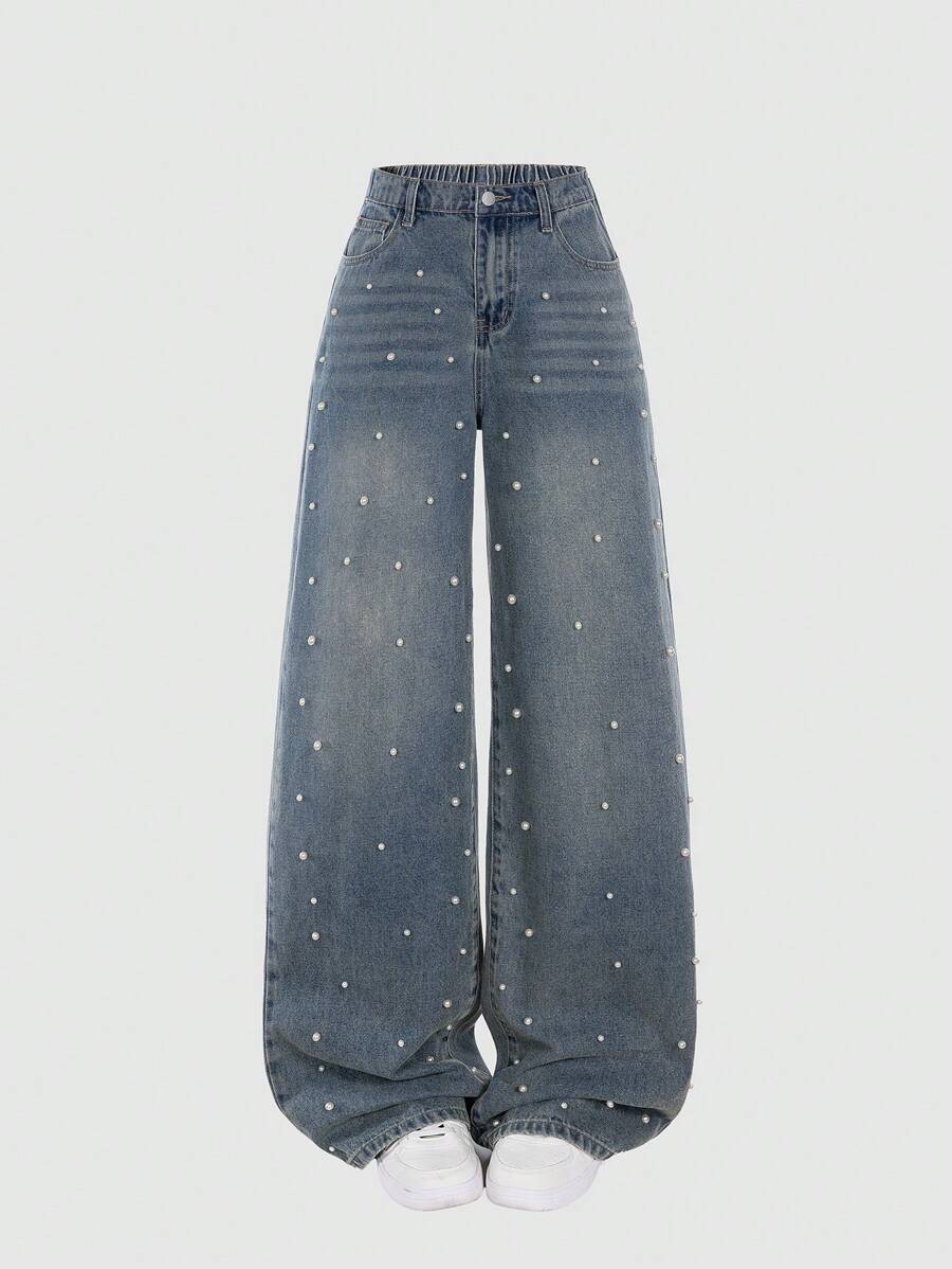 SHEIN Tienermeisjes Witte kralen Vintage Blauwe Losse Rechte Jeans