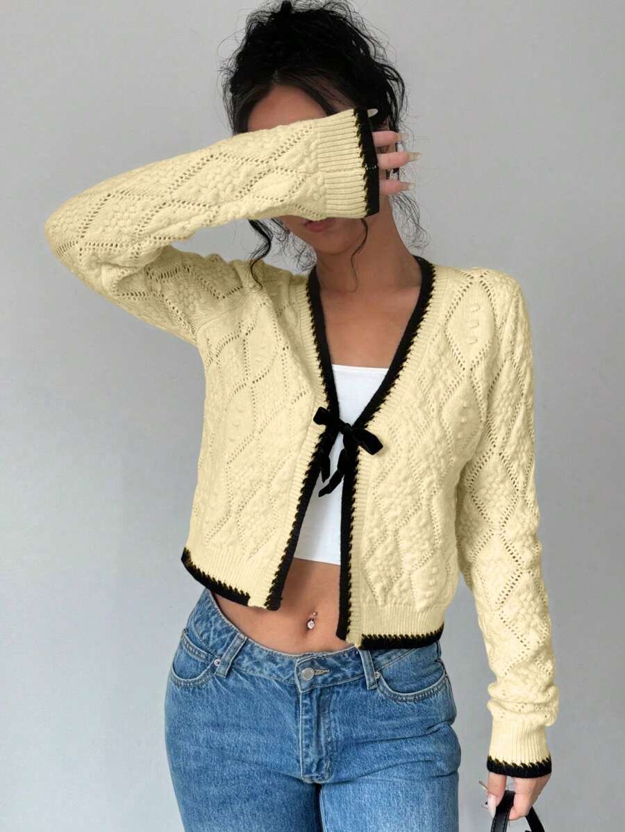 Chiquease French Style Casual Versatile 3D Diamond Pattern Long Sleeve Pullover Knit