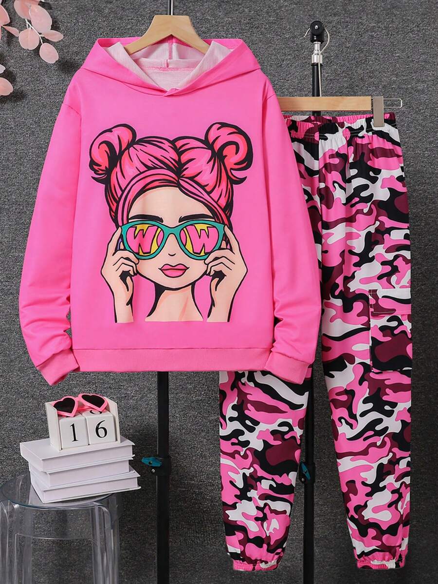 SHEIN Set de 2 piezas de top con capucha y pantalones para niñas preadolescentes, con estampado, informal, minimalista, para uso diario