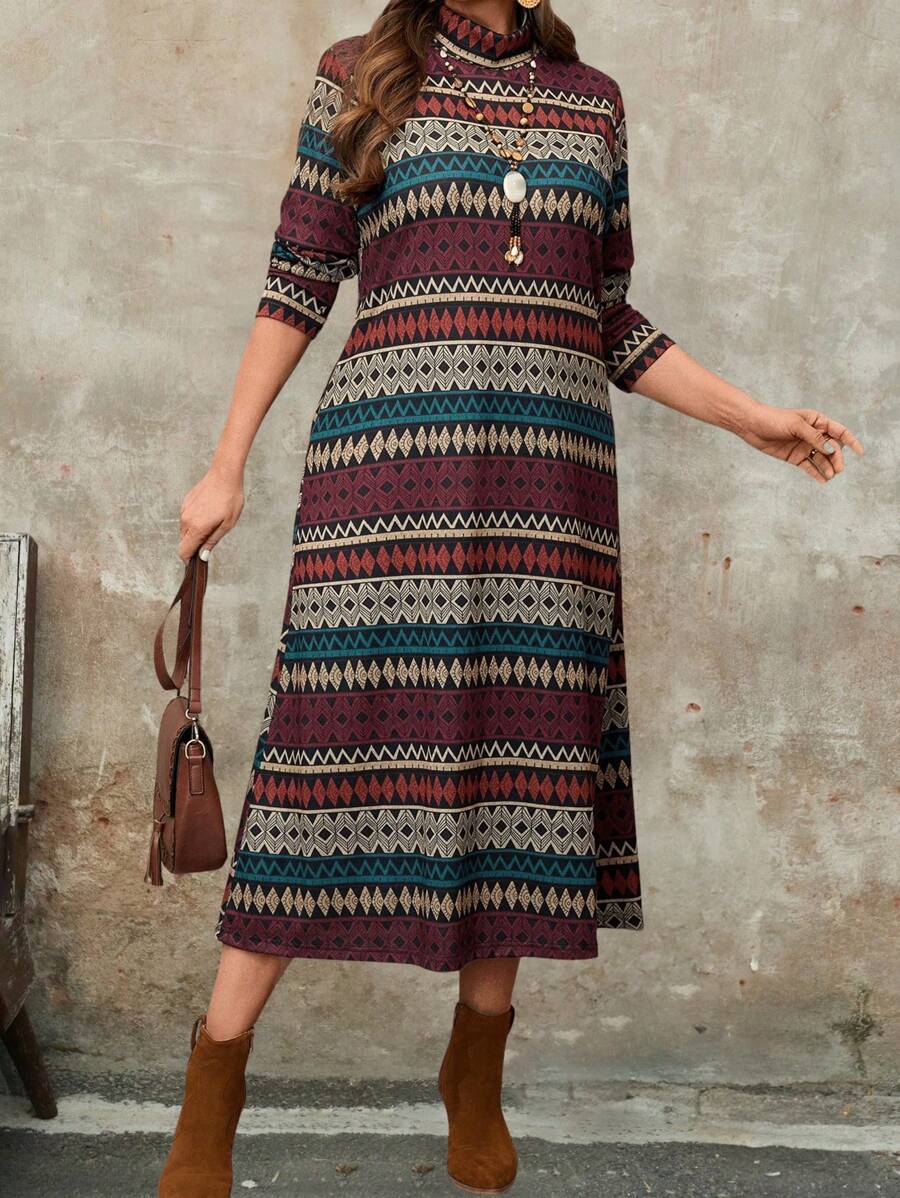 EMERY ROSE Plus Size Mock Neck Long Sleeve Striped Casual Dress,Winter Clothes For Women