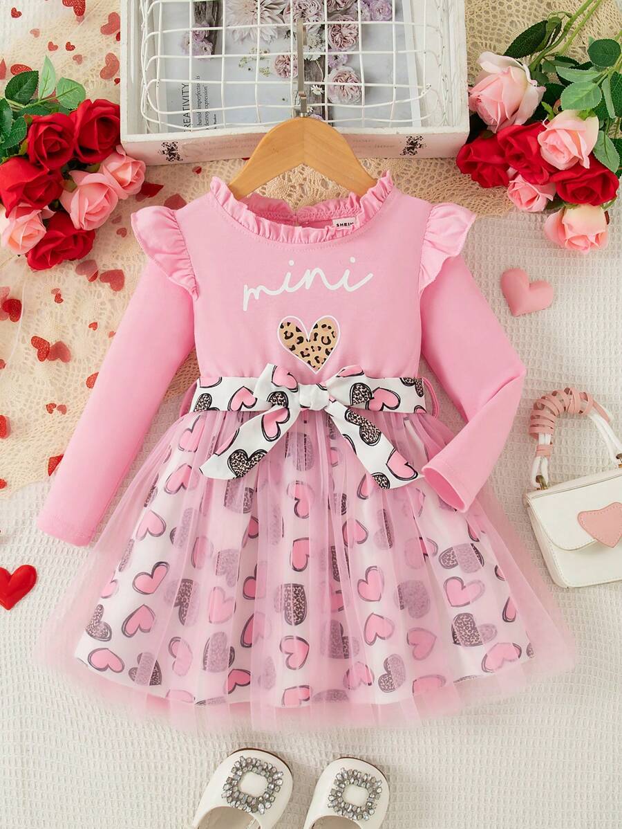 SHEIN Vestido informal de manga larga con estampado de letras y ribete de volantes para niña joven