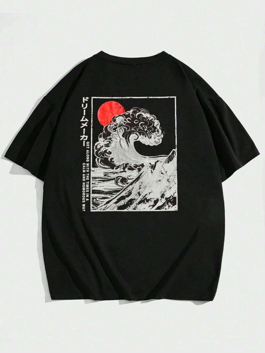 Manfinity VCAY Camiseta casual de manga corta y cuello redondo con estampado, uso diario, talla grande para hombres