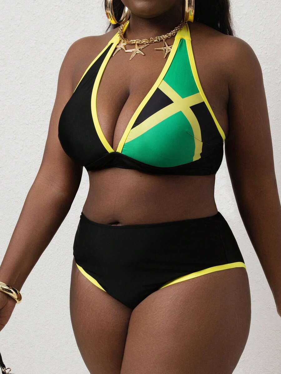 SHEIN Slayr CURVE Plus Size Women 2 Pieces Swimwear Set, Multi-Color Cross Strap Long Lace-Up Halter Top & Bottom, Elegant Casual Resort Wear Summer