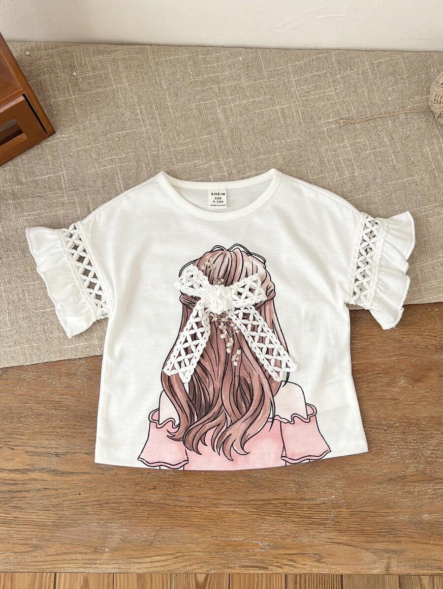 SHEIN LMoss Kids Tween Girls' Round Neck Drop Shoulder Lace & Wave Hem Character Print T-Shirt