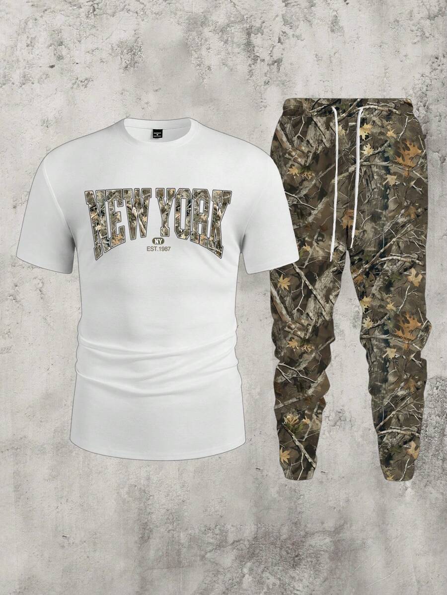 Manfinity Homme 2pcs/Set Men's Round Neck Short Sleeve Letter Print Simple T-Shirt And Long Pants Suit