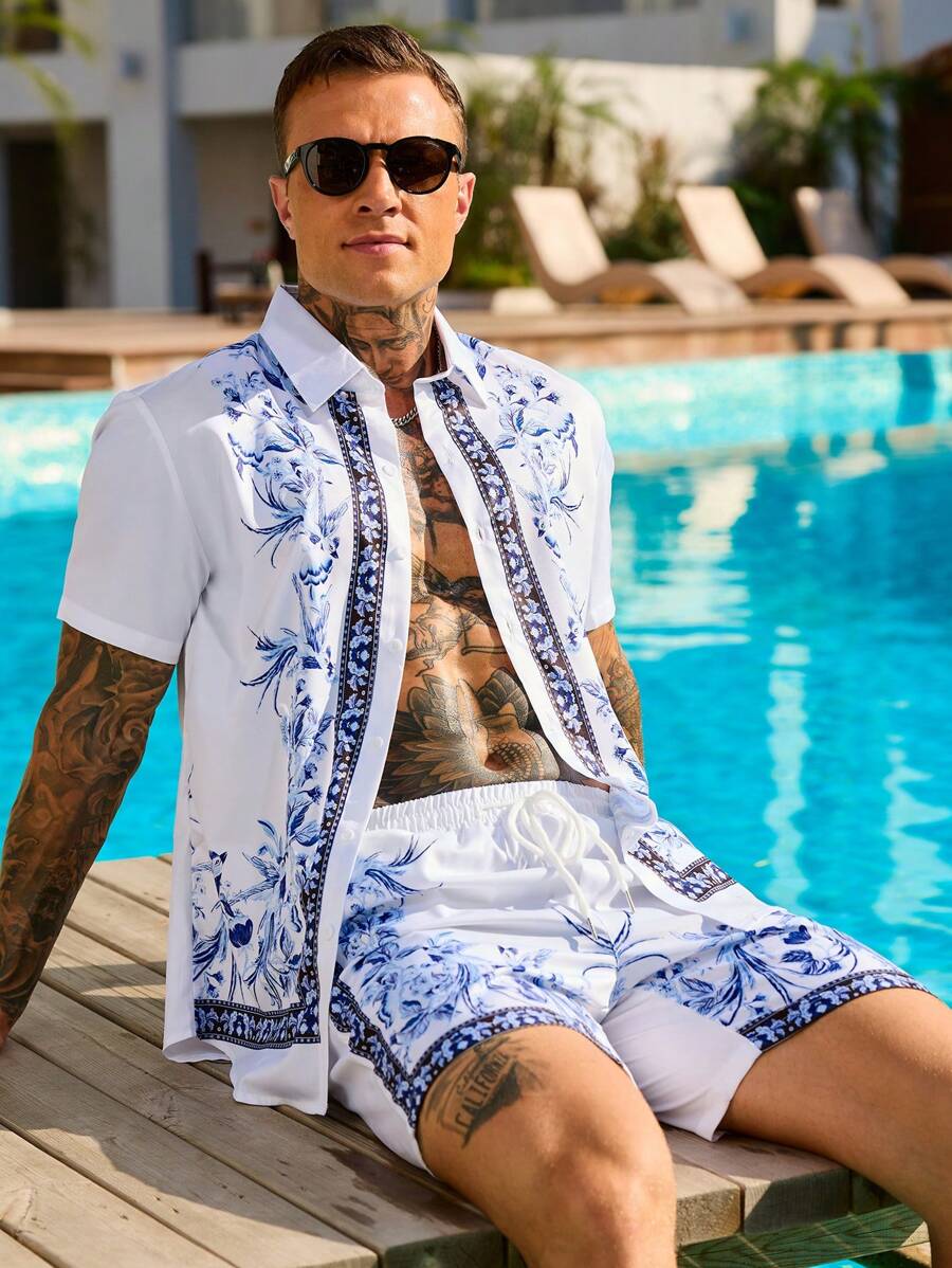 Manfinity RSRT Men Floral Print Short Sleeve Shirt & Shorts Set, Vacation Outfit Men Resort Wear