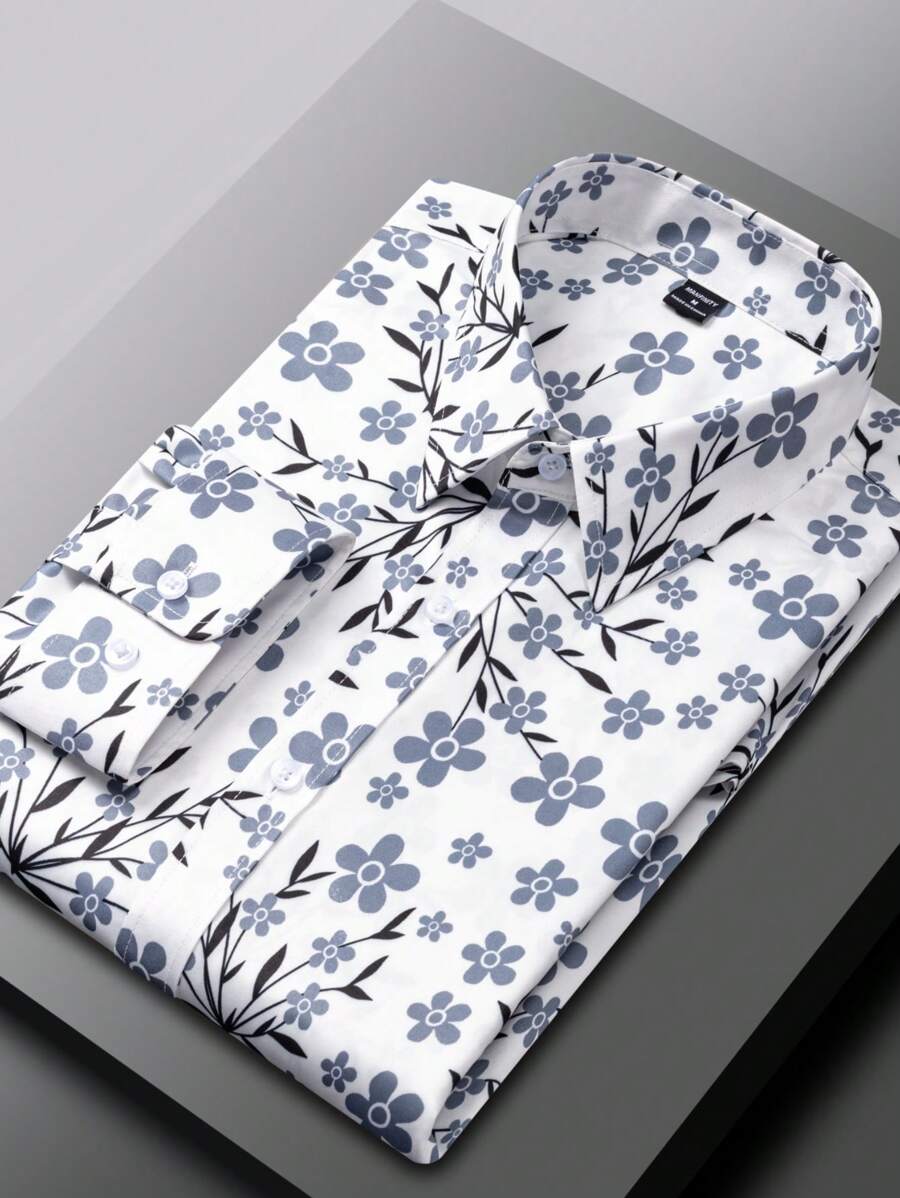 Manfinity RSRT Camisa de manga larga estampada para hombres, diseño minimalista de moda para uso casual diario