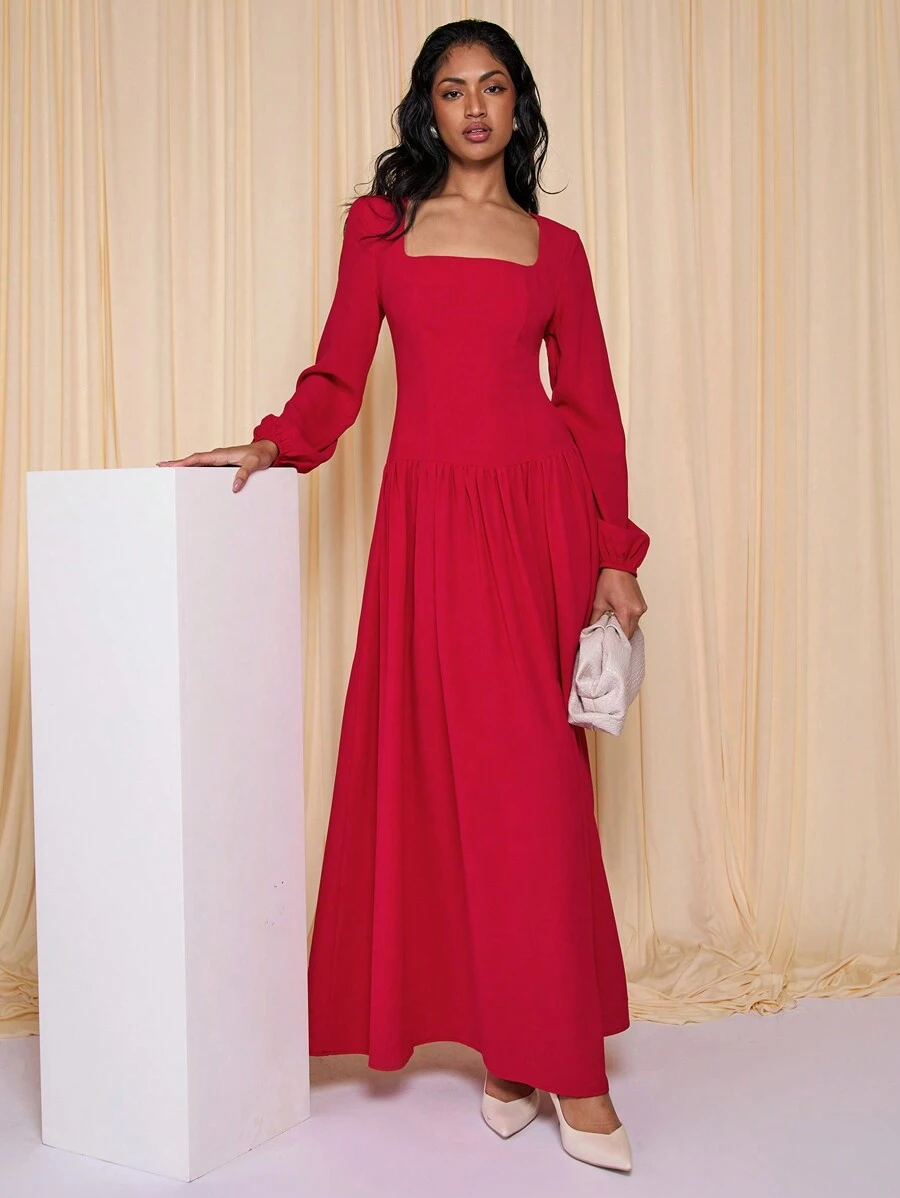 COSMINA Vestido de manga larga con fruncido, rojo, estilo elegante de vacaciones para mujeres, primavera/verano