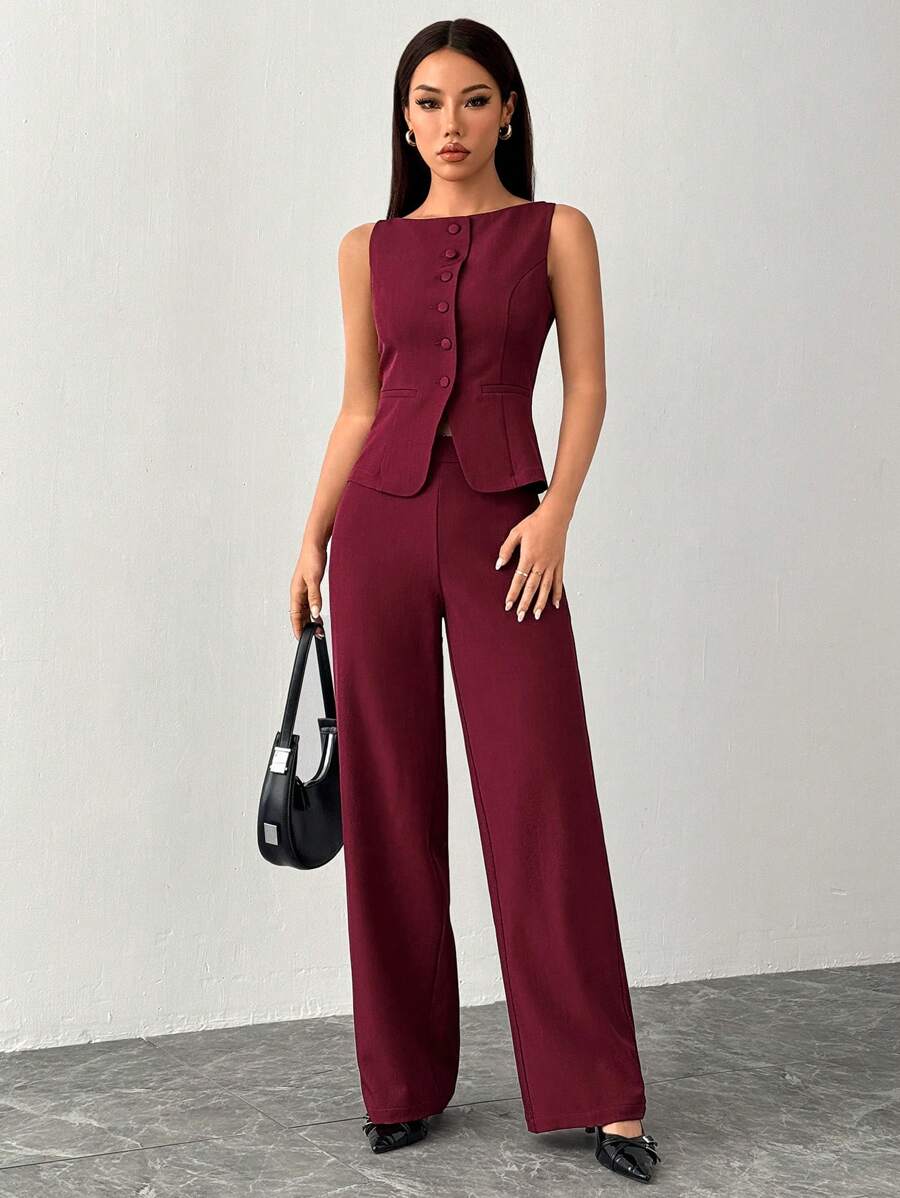 SHEIN PETITE Women's Solid Color Round Neck Single-Breasted Vest And Pants Elegant Commuter Suit, Summer Fall Women Clothes Women Set Office Wear Business Casual Women Two Pieces Outfits Fall Women Office Wear Women Set Women Blazers Set