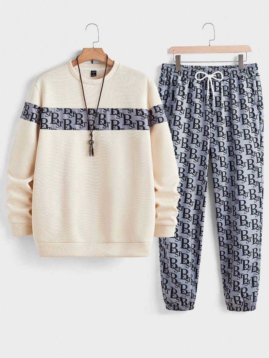 Manfinity VCAY 2pcs Men's Graphic Print Patchwork Loose Drop Shoulder Long Sleeve Hoodie & Drawstring Sweatpants Set