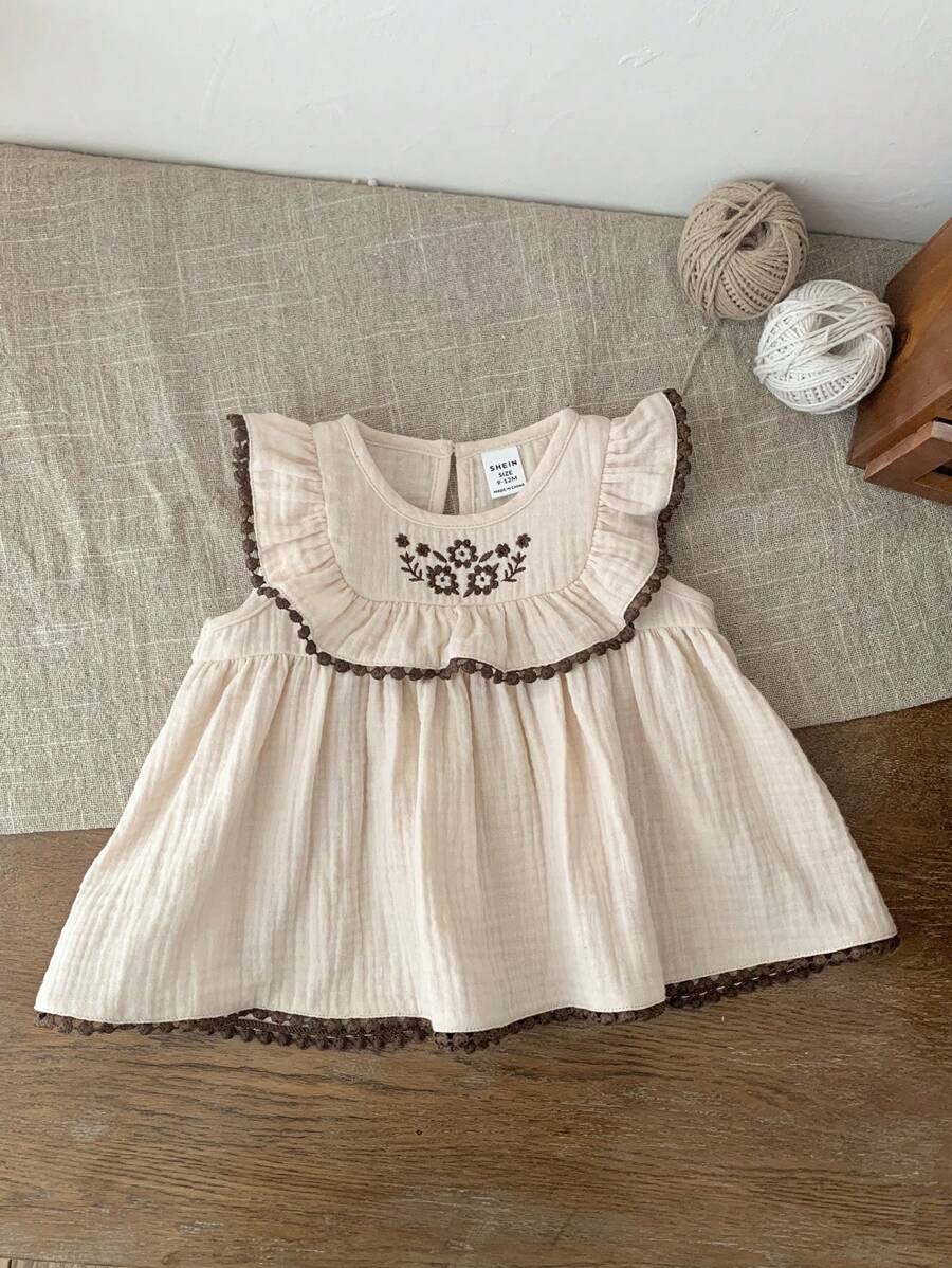 SHEIN Babygirl Summer Cute Floral Embroidered Ruffle Hem Top