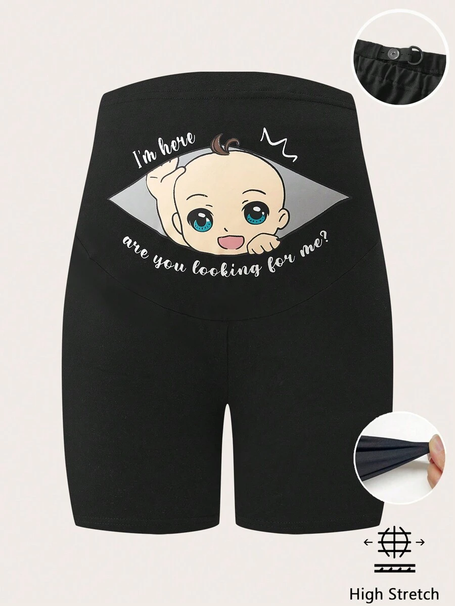 SHEIN Regulowane w pasie legginsy ciążowe, krótkie rajstopy z nadrukiem graficznym
