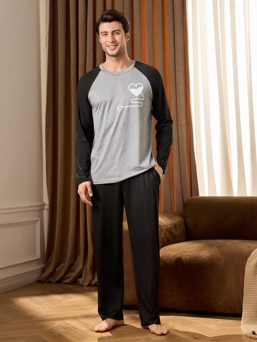 2pcs Men's Color Block Raglan Sleeve Top And Pants Loungewear Set