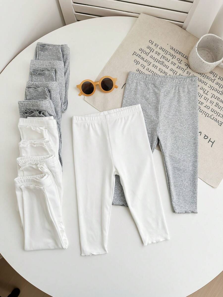 SHEIN 10 stuks/set babymeisje casual schattige veelzijdige effen kleur elastische taille gebreide leggings, multi-pack