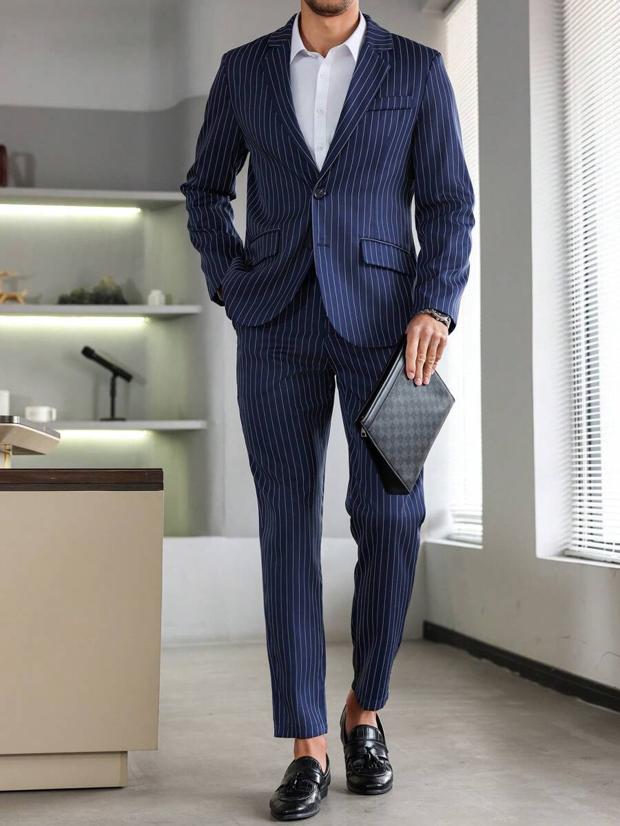 Manfinity Mode Conjunto de chaqueta y pantalón a juego a rayas para hombre, estilo empresarial/commuter de Manfinity Mode - Regalo para novio