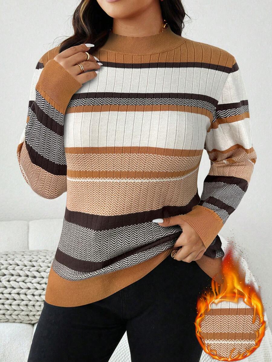 EMERY ROSE Plus Size Knitted Striped Sweater With High Collar For Fall Valentine's Day