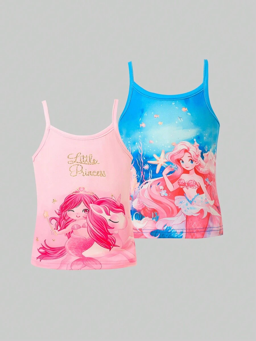 Set de 2 piezas con camiseta y camisilla estampada con dibujo de sirena para niña en verano