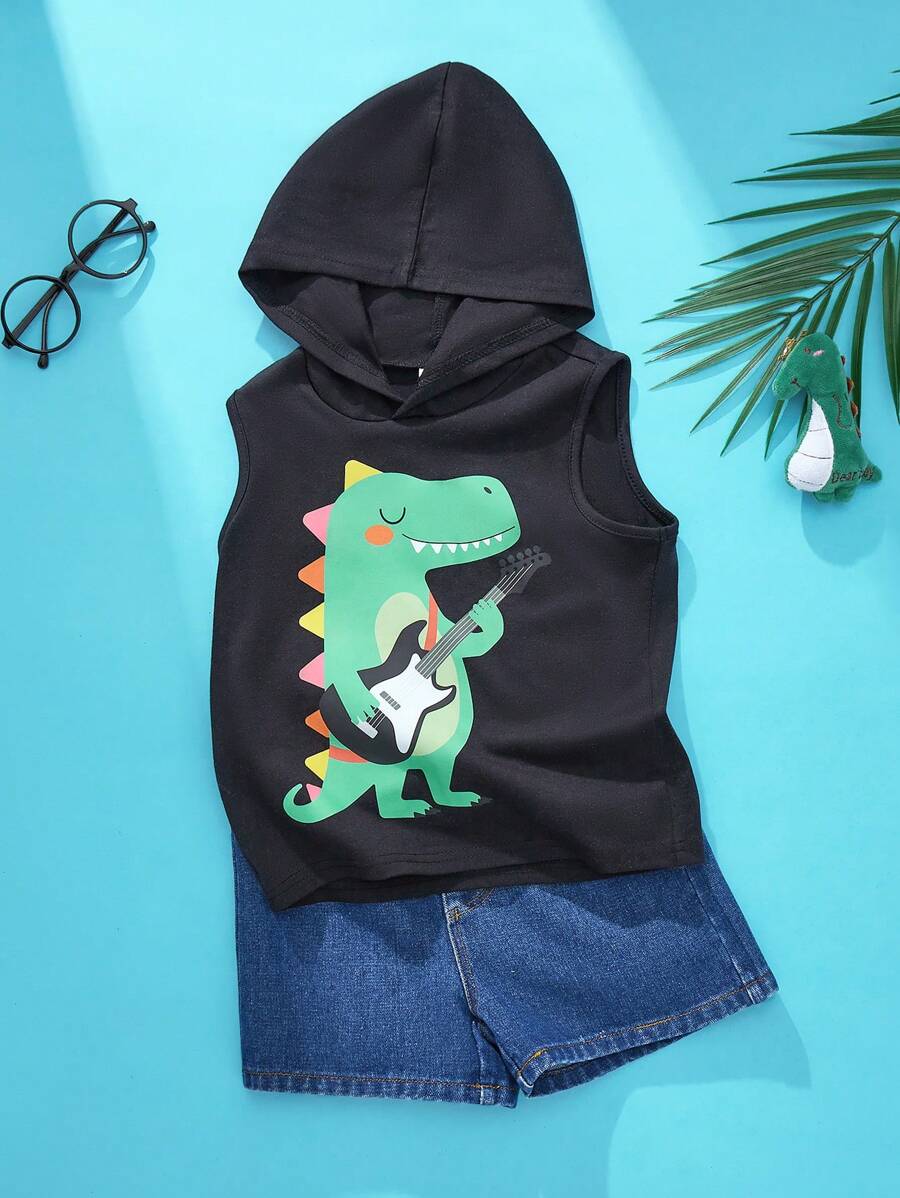 SHEIN 2 stuks jongens Street Fashion Casual Everyday All-Match schattige dinosaurus spelende gitaar print T-shirt & jeans set, geschikt voor buitenactiviteiten en muziekfestivals, lente/zomer