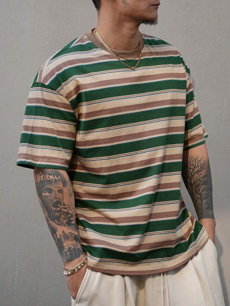 DAZY Maglietta casual a righe da uomo, multicolore, di moda minimalista per l'uso quotidiano estivo