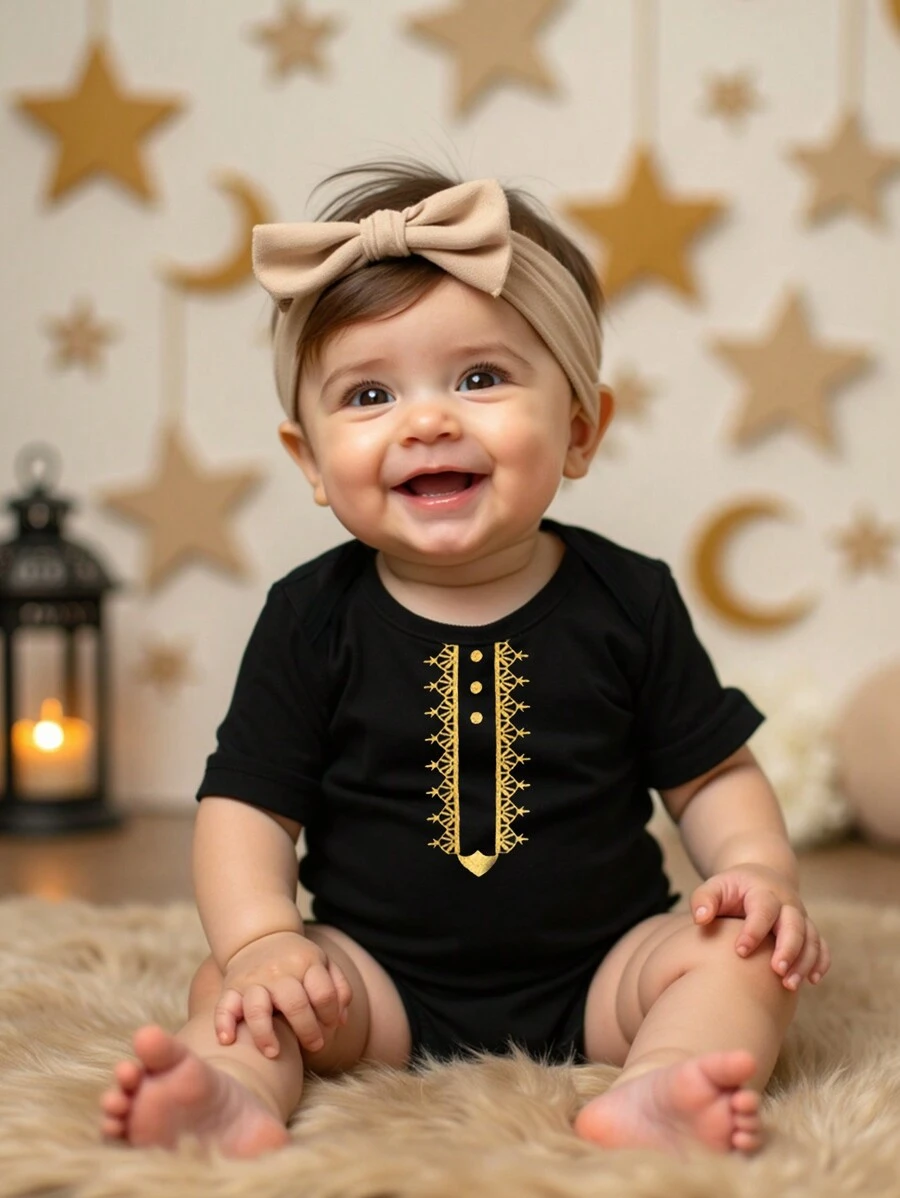 SHEIN Newborn Baby Boys Girls Black Neck Short Sleeve Bodysuit, Casual Versatile Style Suitable For Spring, Autumn, Or Summer Daily Wear, Outdoor Activities