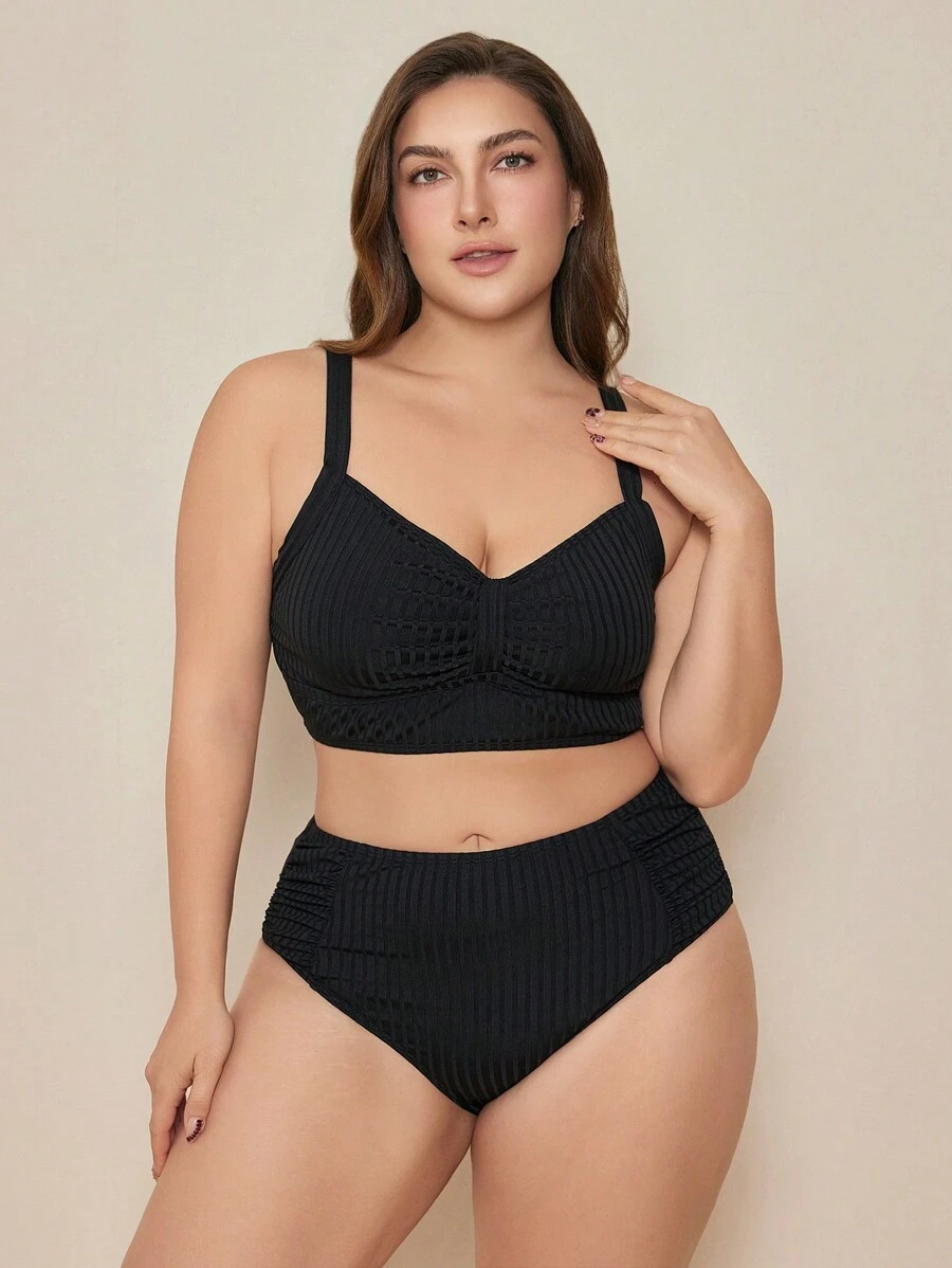 SHEIN Swim Curve Conjunto de bikini de tela acanalada de talla grande con tirantes ajustables, informal para la playa y uso diario, verano