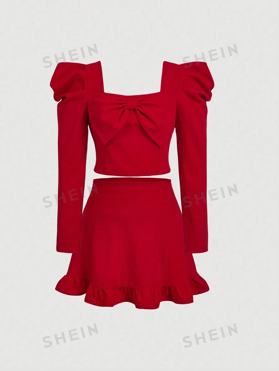 SHEIN MOD Set de 2 piezas Talla grande de Blusa de manga gigot roja con moño y falda a juego estilo romántico y dulce