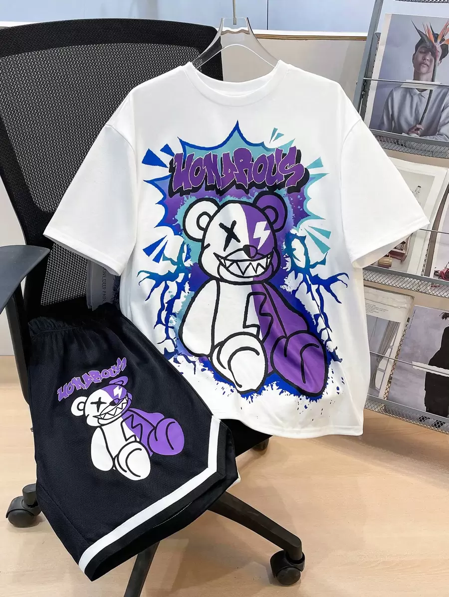 SHEIN Set de 2 piezas para niño adolescente con camiseta de manga corta de estilo suelto y casual con estampado de oso y un short a juego; ropa para primavera; ropa para niños adolescentes; chaquetas para niños adolescentes, de vuelta a la escuela en primavera