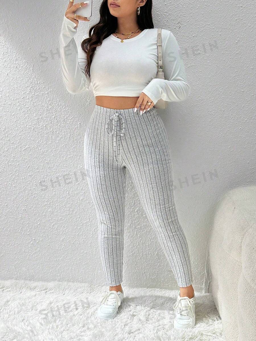 SHEIN Frenchy Pantalón ajustado de talla grande, leggings de punto acanalado de unicolor