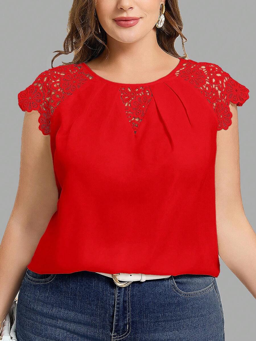 Chikora Plus Size Casual Simple Solid Color Lace Patchwork Blouse, Red Top For Summer