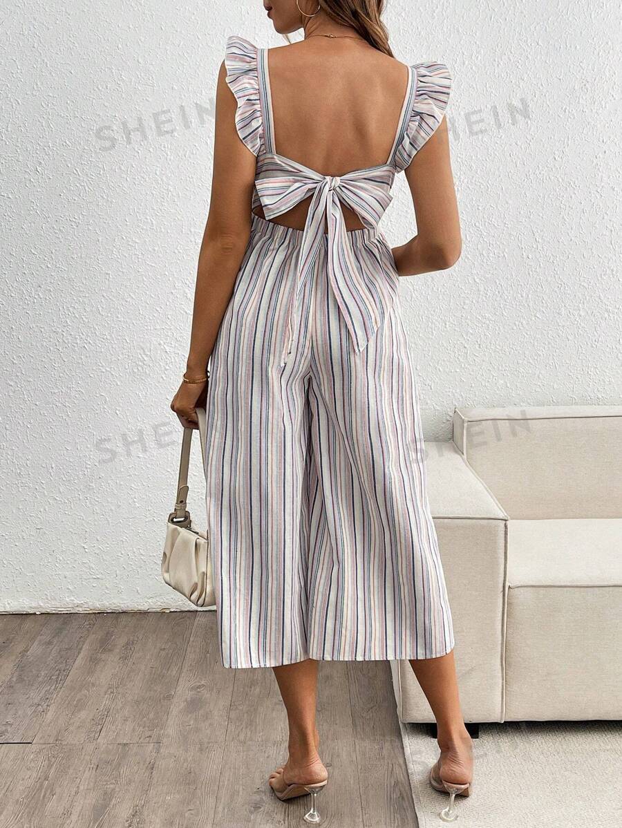 SHEIN Mono de embarazo informal con mangas con volantes, cuello cuadrado y decoración de lazo, con pantalones 3/4