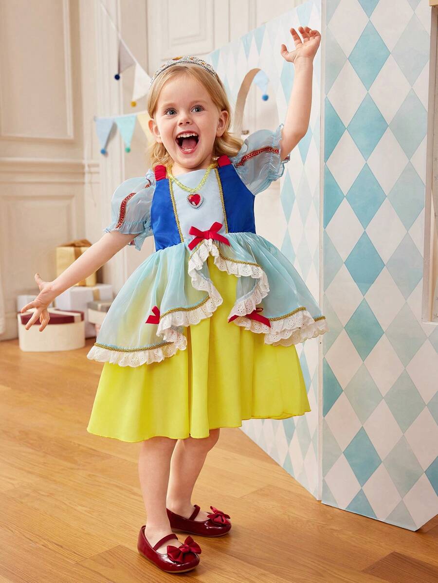 SHEIN Vestido de tul elegante y encantador de princesa para niñas, con mangas abullonadas, adecuado para fiestas de cumpleaños, sesiones de fotos, actividades al aire libre, ocasiones formales y parques temáticos en primavera y verano