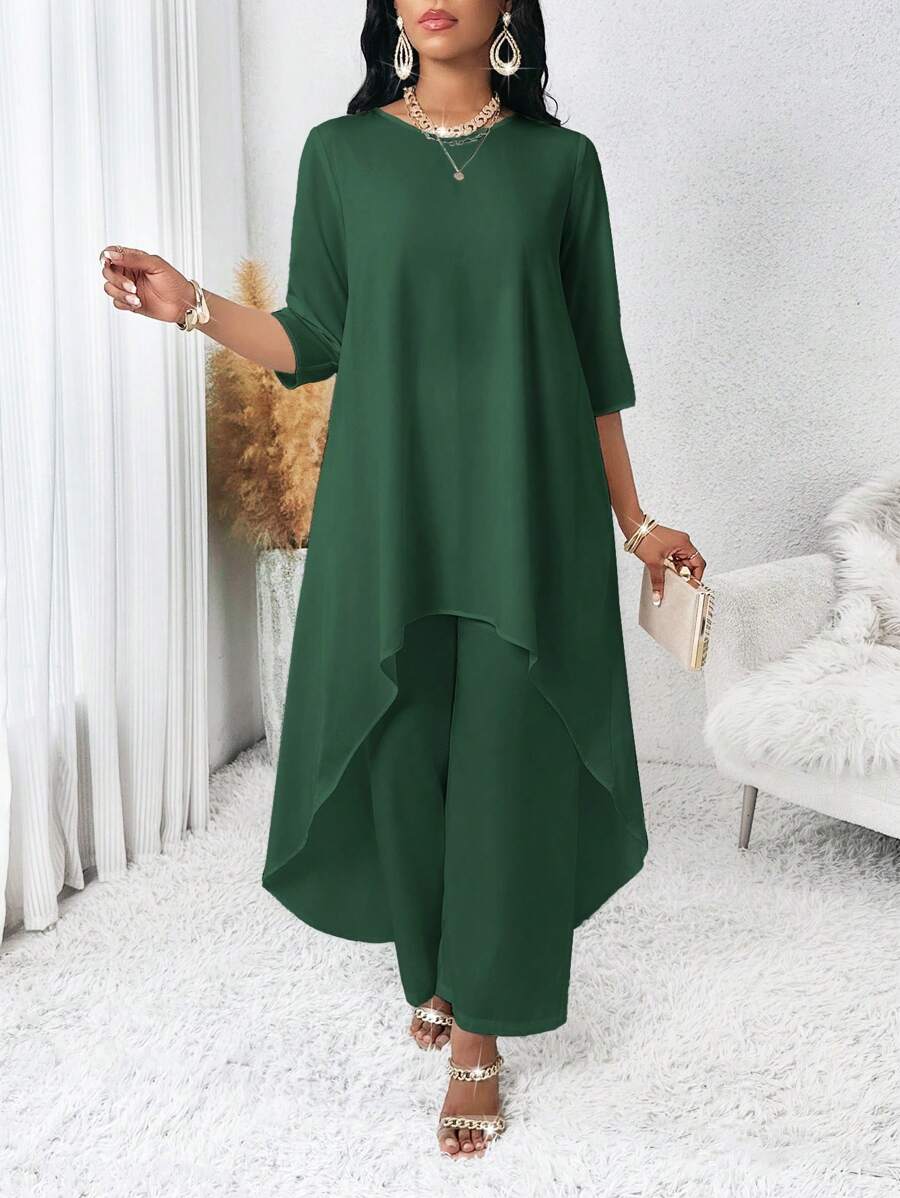 SHEIN Lady Spring And Summer Autumn And Winter Elegant Woven Round Neck Flowy Asymmetrical Midi Three Quarter Length Sleeve Plus Size Top & Pants
