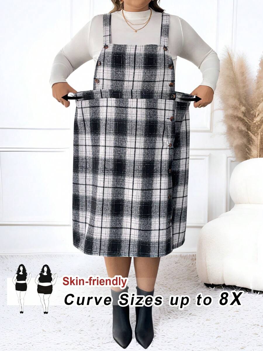 SHEIN CURVE+ Plus Size Women's Casual Checkered Button Front Shoulder Strap Dress, Autumn