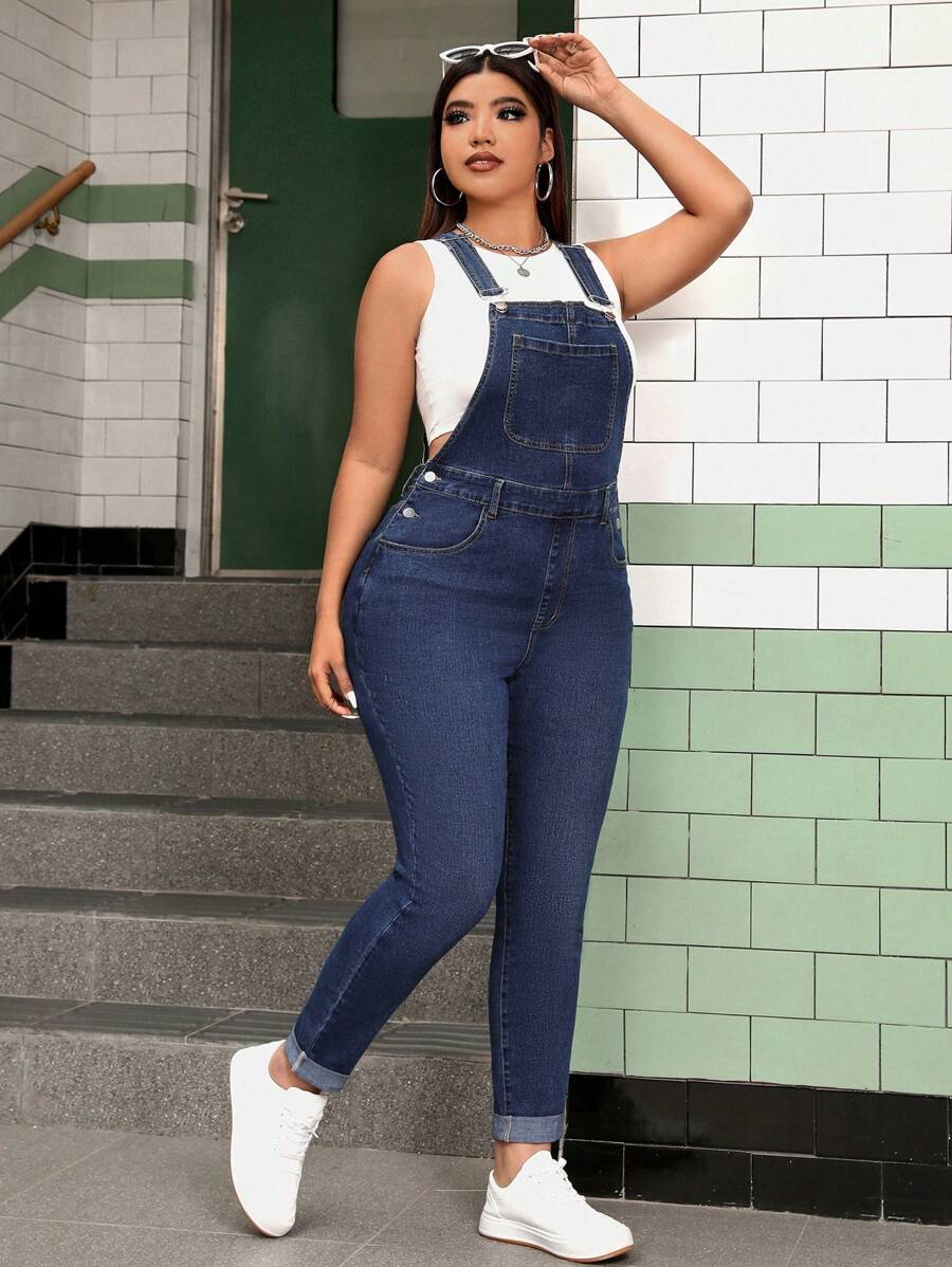 SHEIN ICON Plus Size Medium Wash Denim Casual Long Overalls With Pockets And Adjustable Straps
