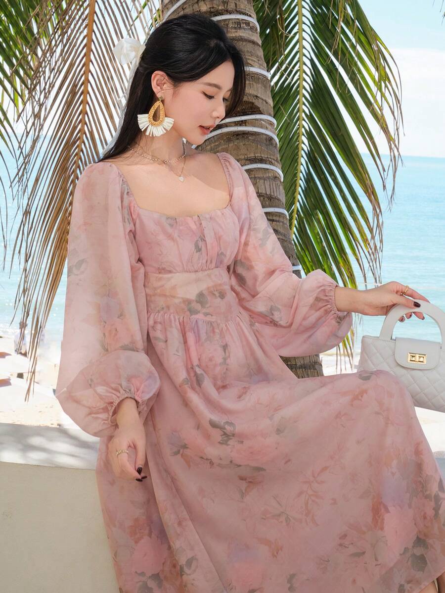 DAZY Spring New Fashion Plant Print Waist High Waist Sundress, Elegant Long Sleeve Ditsy Floral Dress, High-End Pink Ditsy Floral Formal Dress For Women
