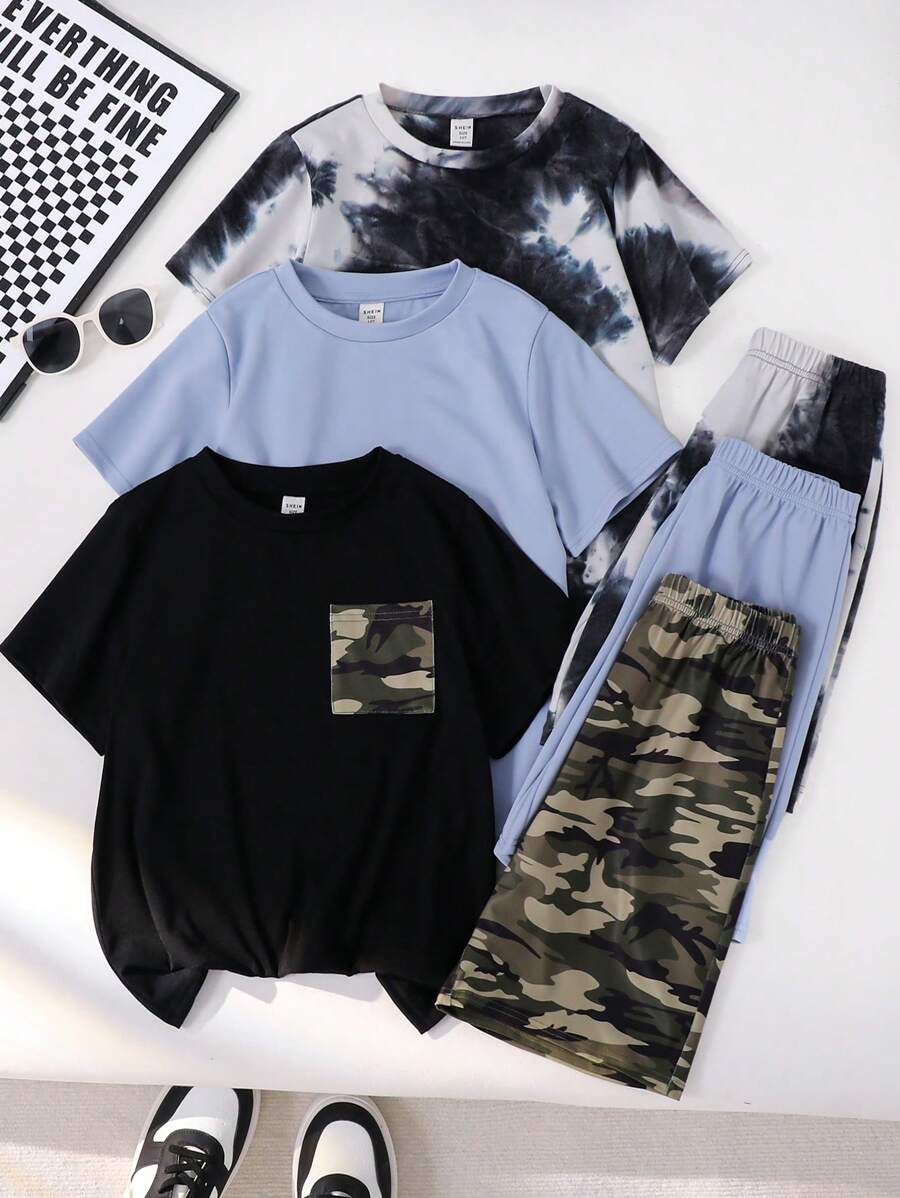 6 pièces/Set de T-shirts à col rond et shorts pour garçons préados en tie-dye et imprimé camouflage, convenant pour le déplacement, l'école, le port casual quotidien, les sports, le printemps et l'été