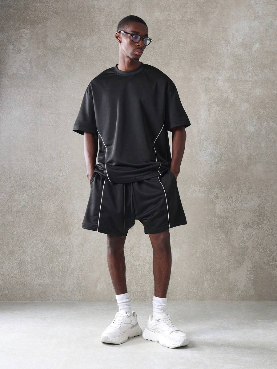 SUMWON Zestaw męski Premium Oversized, spodenki z obniżonym krokiem, styl uliczny, detale z lamówką, odzież wypoczynkowa, sport, moda miejska, dwuczęściowy zestaw, styl grubych trampek, letni zestaw casualowy