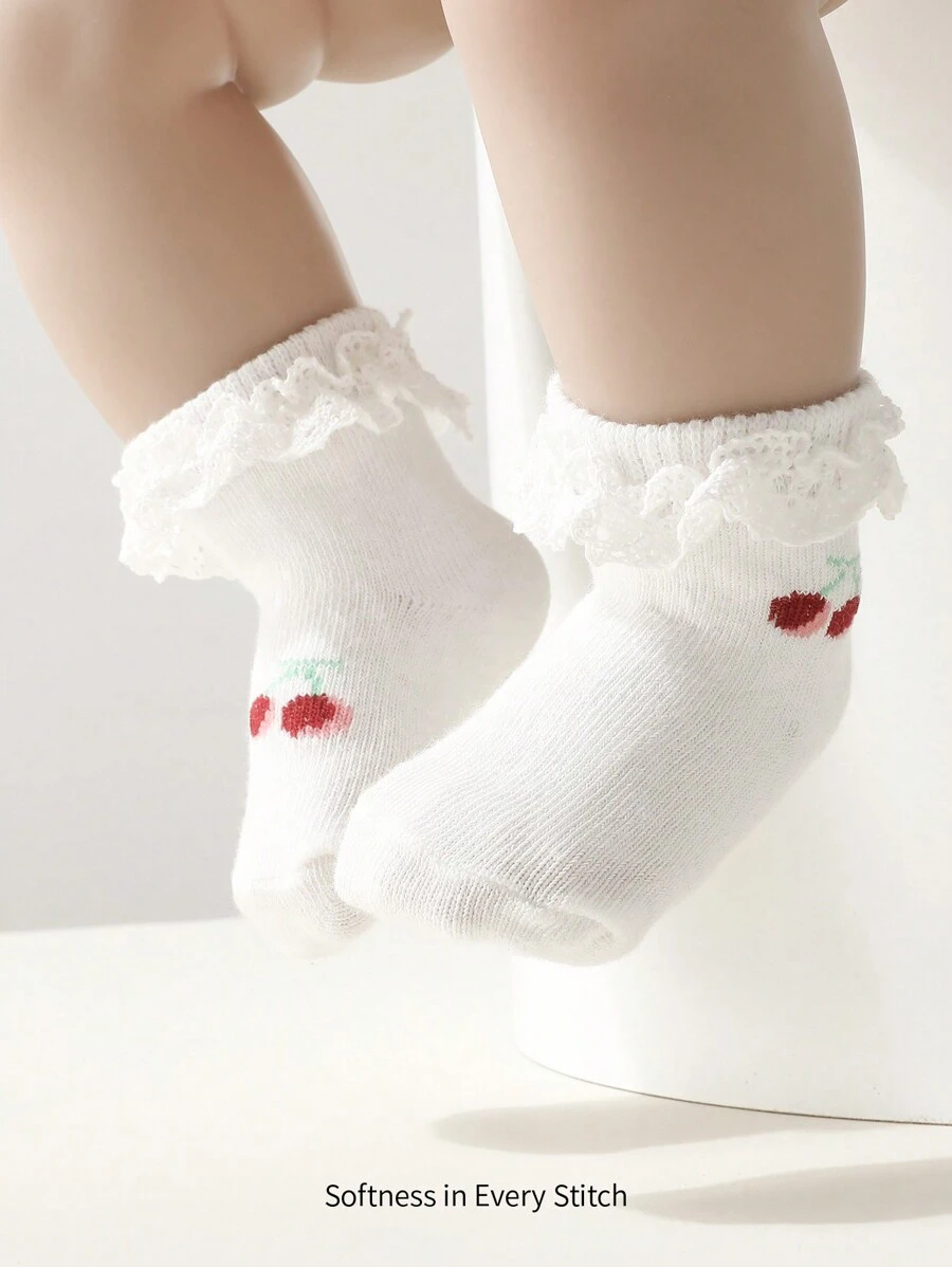 Cozy Pixies 1 Pair Basic Cherry Pattern Baby Girls Cotton Lace Trim Socks, Suitable For Daily Wear, All Seasons