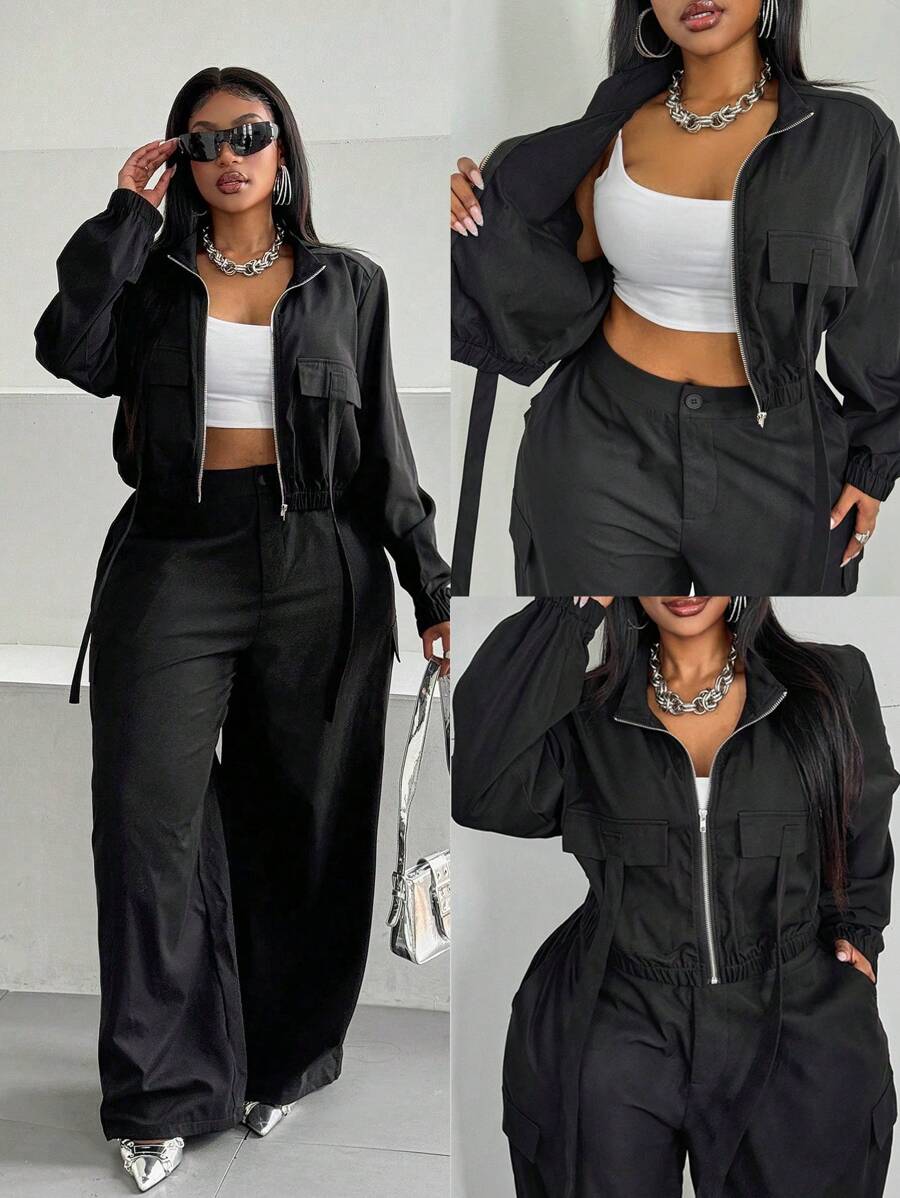 Maweii Set casual da 2 pezzi, composto da top con chiusura lampo e manica lunga di colore unito e pantaloni lunghi, per taglie comode