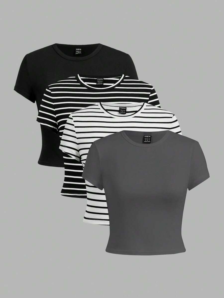 SHEIN EZwear 4pcs/Set Women Plain & Stripe Pattern Crew Neck Short Sleeve Fitted Cropped T-Shirts, Casual Summer