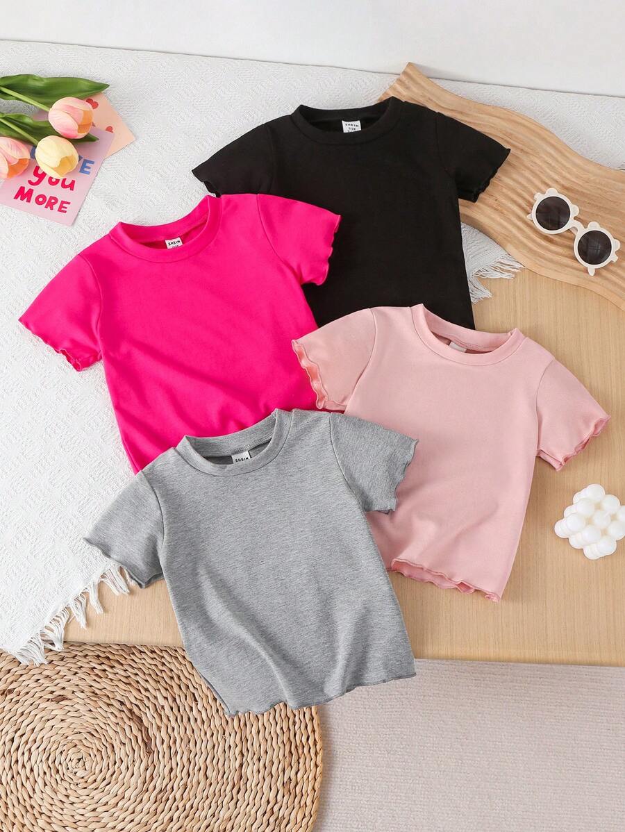 Set de 4 blusas de manga corta casuales para niñas pequeñas, verano 2022-2025, rosa, rojo ciruela, negro, estampado floral gris